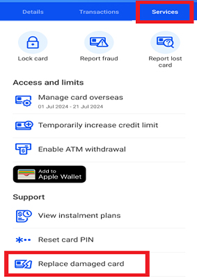 Tap “Services” > “Replace damaged card”